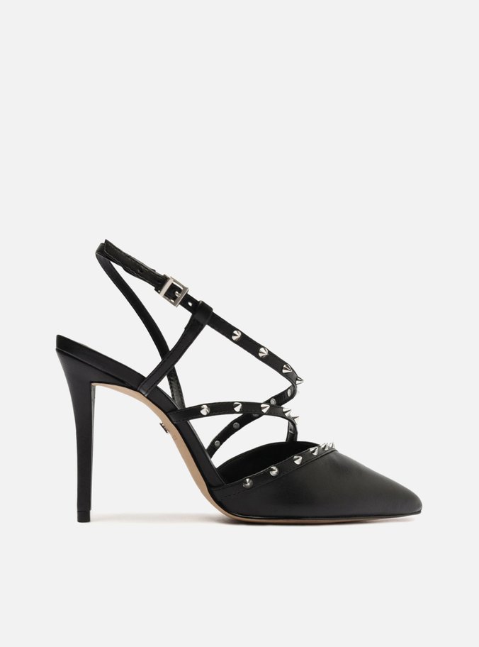 Scarpin Preto Couro Bico Fino Tiras Spikes