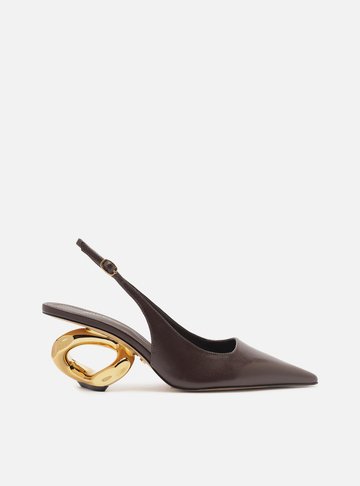Scarpin Marrom Couro Salto Geométrico Slingback