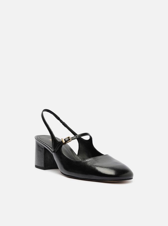 Sapato Boneca Preto Couro Bloco Slingback Classic