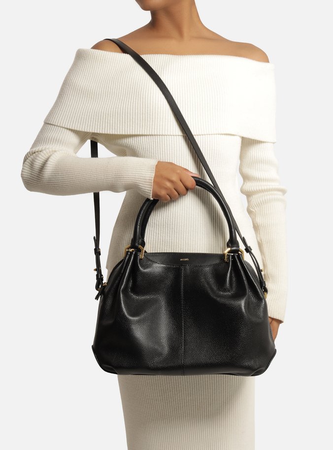 Bolsa Tiracolo Preta Couro Pequena Franzido