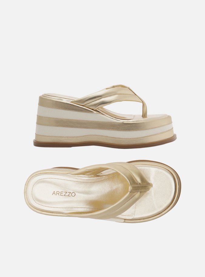 Tamanco Dourada Couro Plataforma Flip Flop