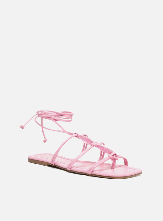 Sandália Rasteira Tiras Amarração Pedraria Rosa