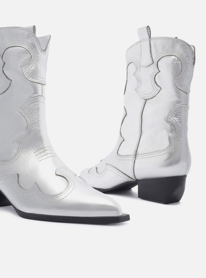 Bota Prata Couro Cano Curto Western Folk