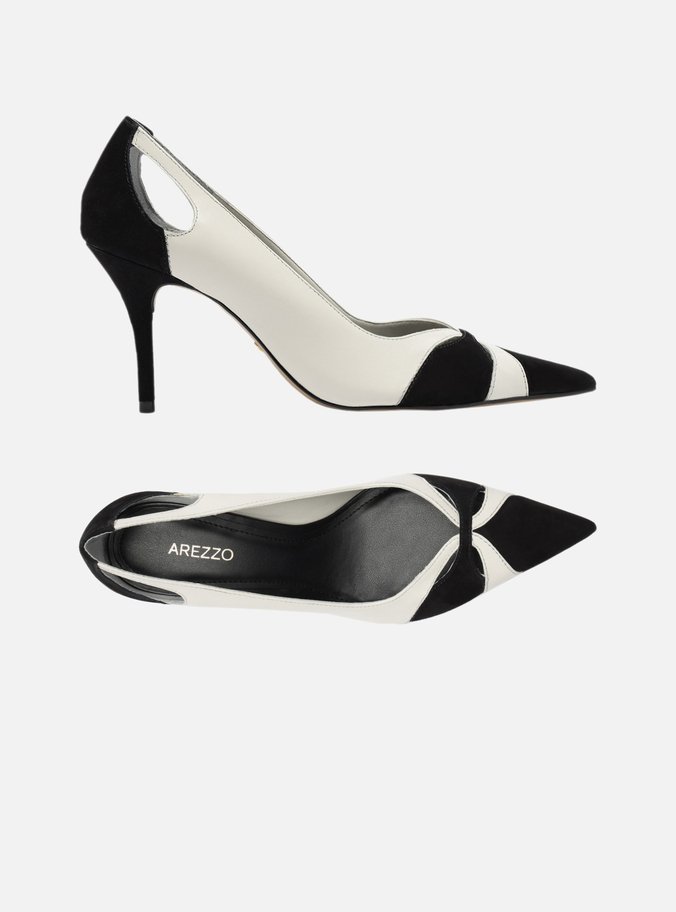 Scarpin Preto Couro Salto Fino Vazado Bicolor