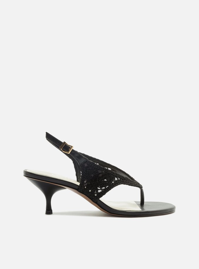 Sandália Thong Preta Salto Baixo Fino Fivela Slingback