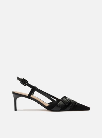 Scarpin Preto Nobuck Salto Baixo Slingback