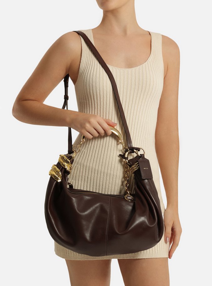 Bolsa Tiracolo Marrom Couro Média Metais Leaf