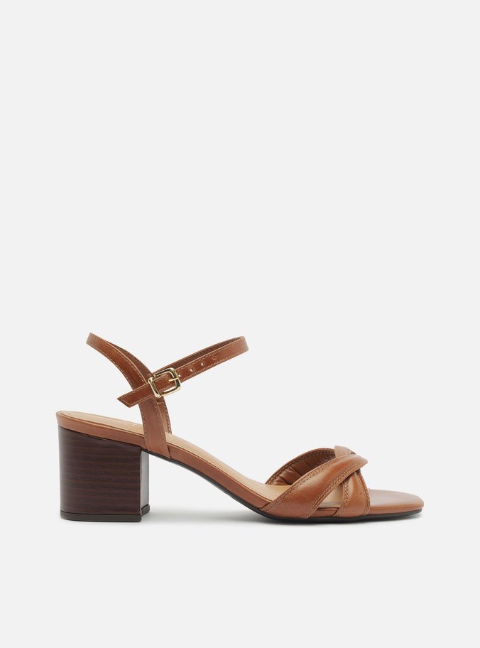 Sandália Caramelo Couro Bloco Tiras Enlace