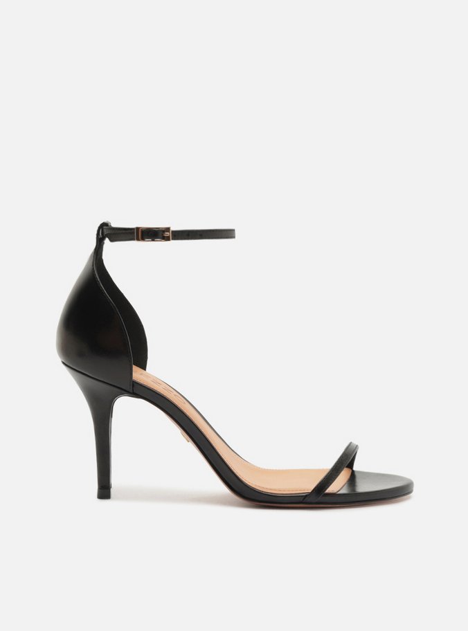 Sandália Preta Couro Salto Fino Fivela