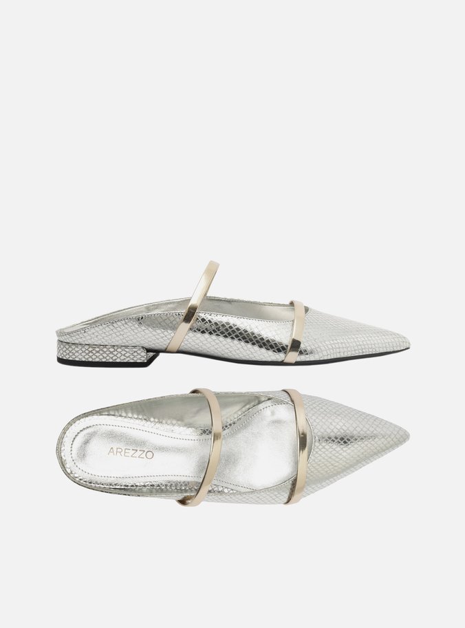 Mule Prateada Skin Bico Fino Tiras