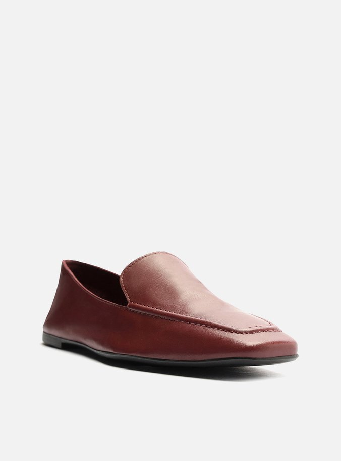 Mocassim Vinho Couro Bico Quadrado Costuras
