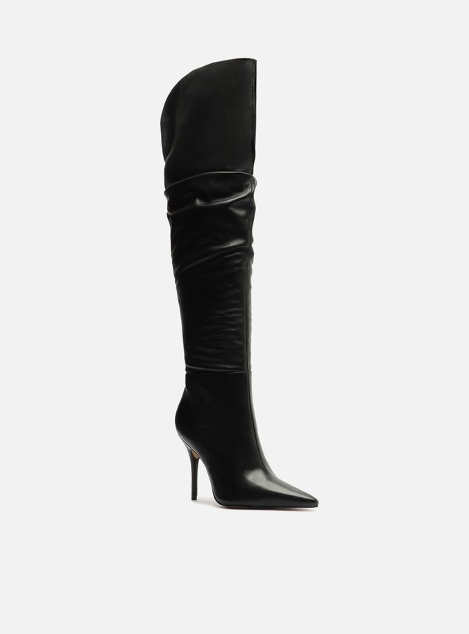 Bota Over The Knee Preta Couro Salto Fino