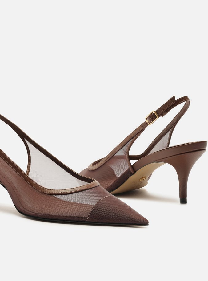 Scarpin Marrom Tela Salto Kitten Slingback