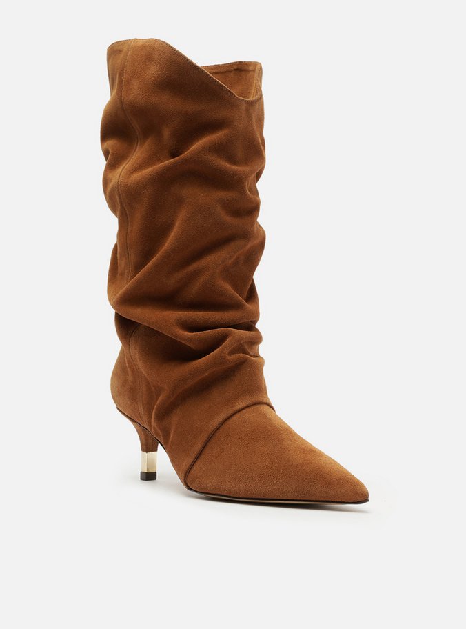 Bota Marrom Camurça Cano Médio Salto Fino Slouch