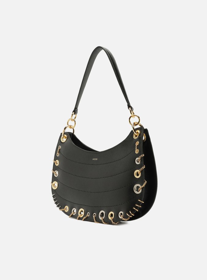 Bolsa Hobo Preta Couro Média Costuras Metais