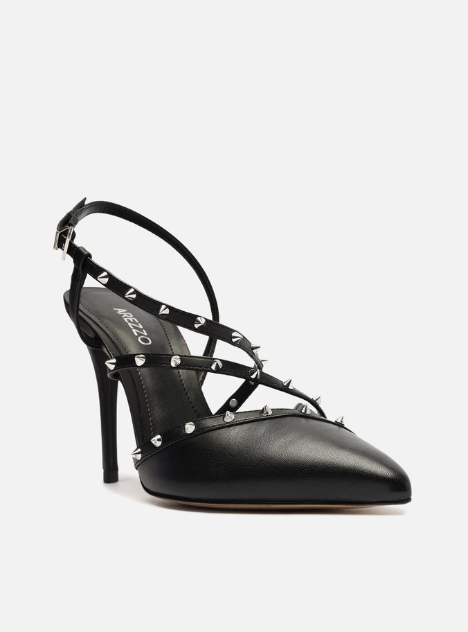 Scarpin Preto Couro Bico Fino Tiras Spikes