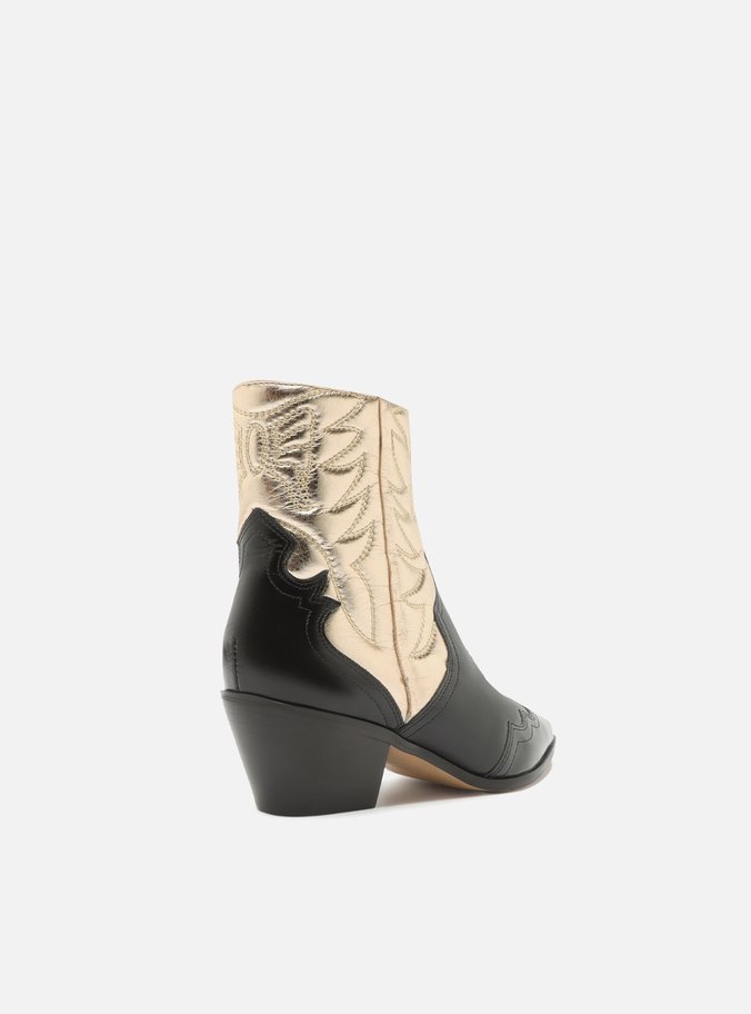Bota Preta Couro Cano Curto Western Dourada
