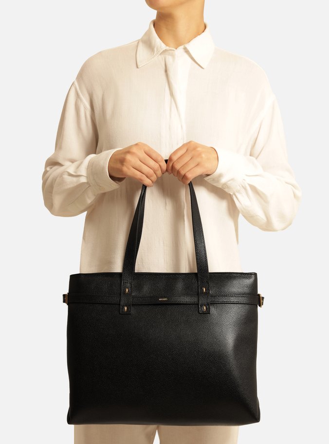 Bolsa Shopping Preta Couro Grande Fivelas