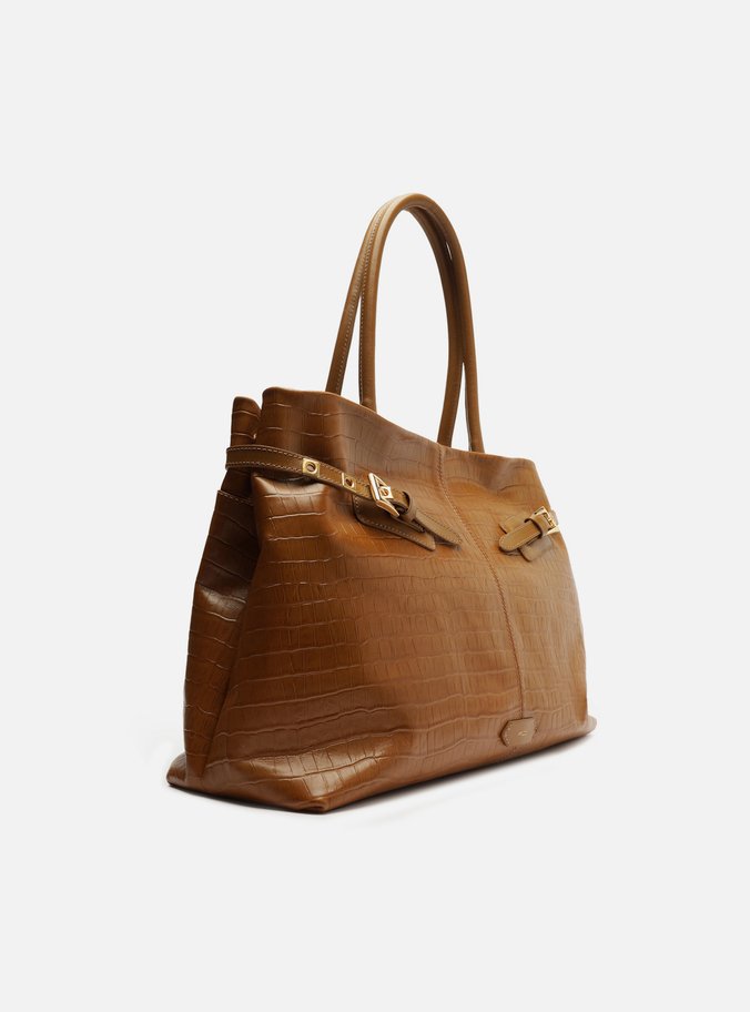 Bolsa Shopping Caramelo Couro Croco Grande Fivelas