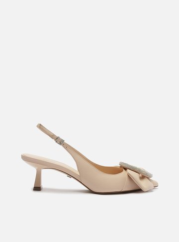 Scarpin Nude Couro Slingback Fivela Cristais