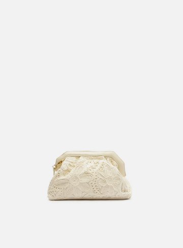 Clutch Off-White Linho Pequena Bordado Flores