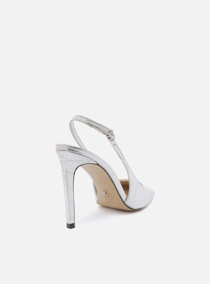 Scarpin Prata Snake Bico Quadrado Slingback
