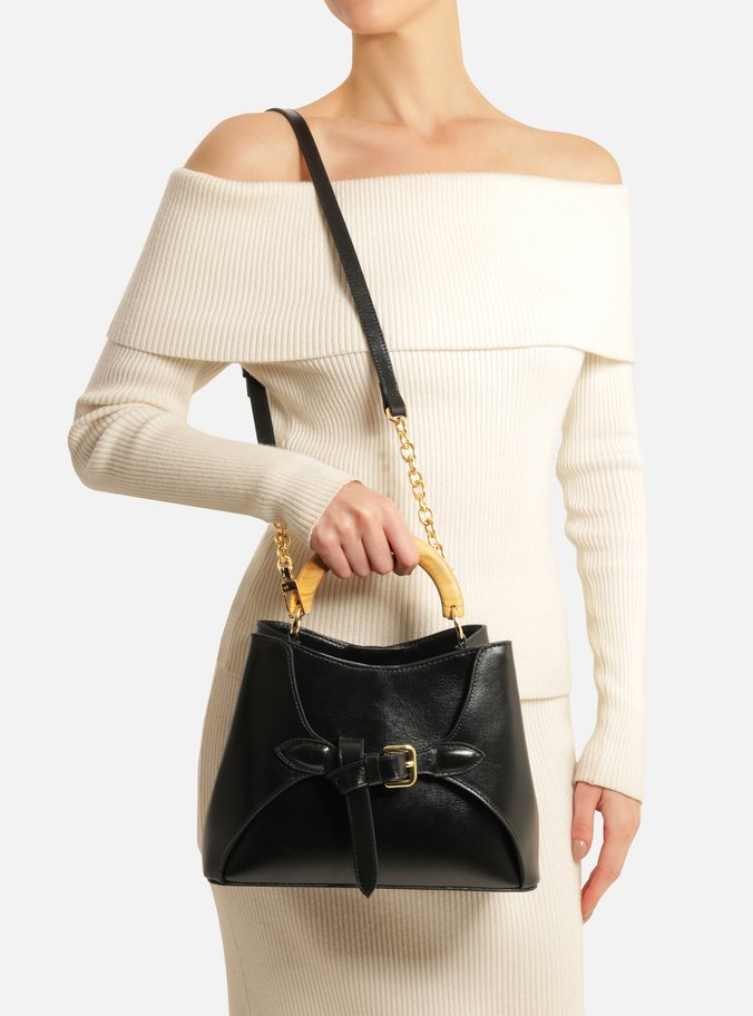 Bolsa Tote Preta Couro Média Alça Madeira