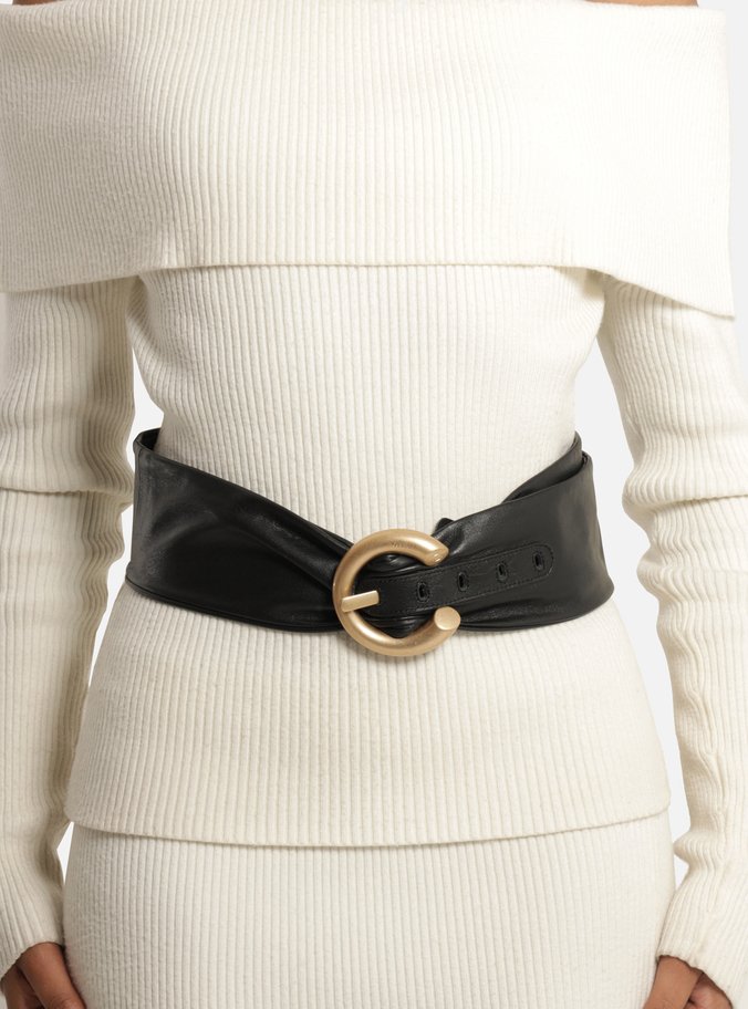 Cinto Preto Couro Largo Fivela Argola Dourada