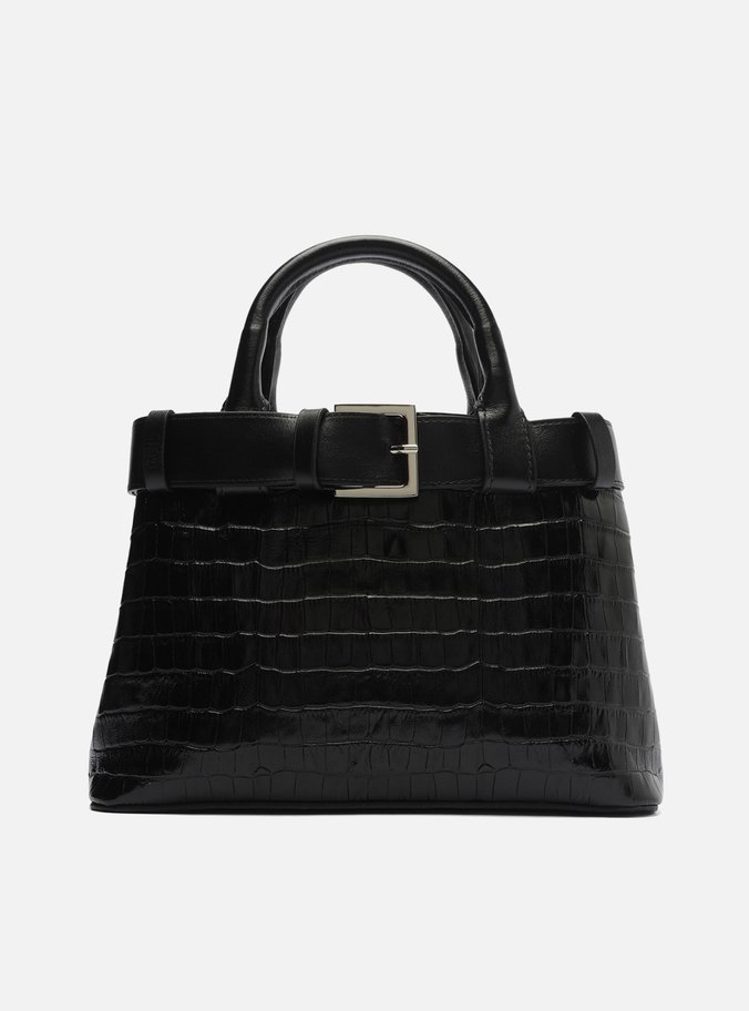 Bolsa Tote Preta Couro Croco Média Fivela