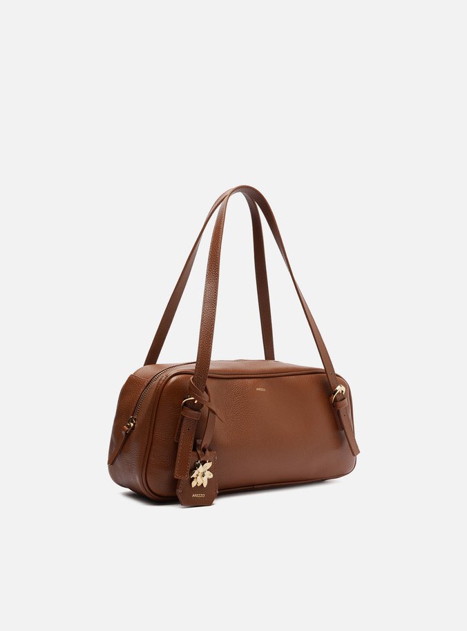Bolsa Bowling Marrom Couro Média Metal Flor
