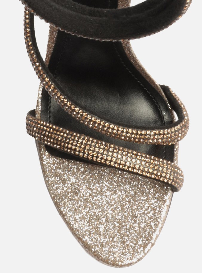 Sandália Dourada Salto Fino Espiral Glitter Strass Gigi