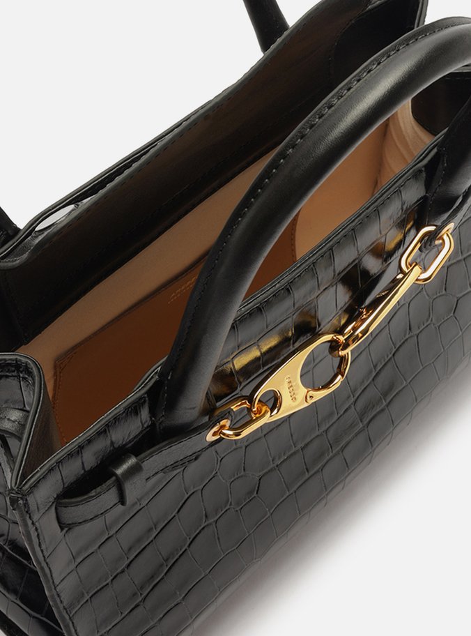 Bolsa Tote Preta Couro Croco Grande Ganchos