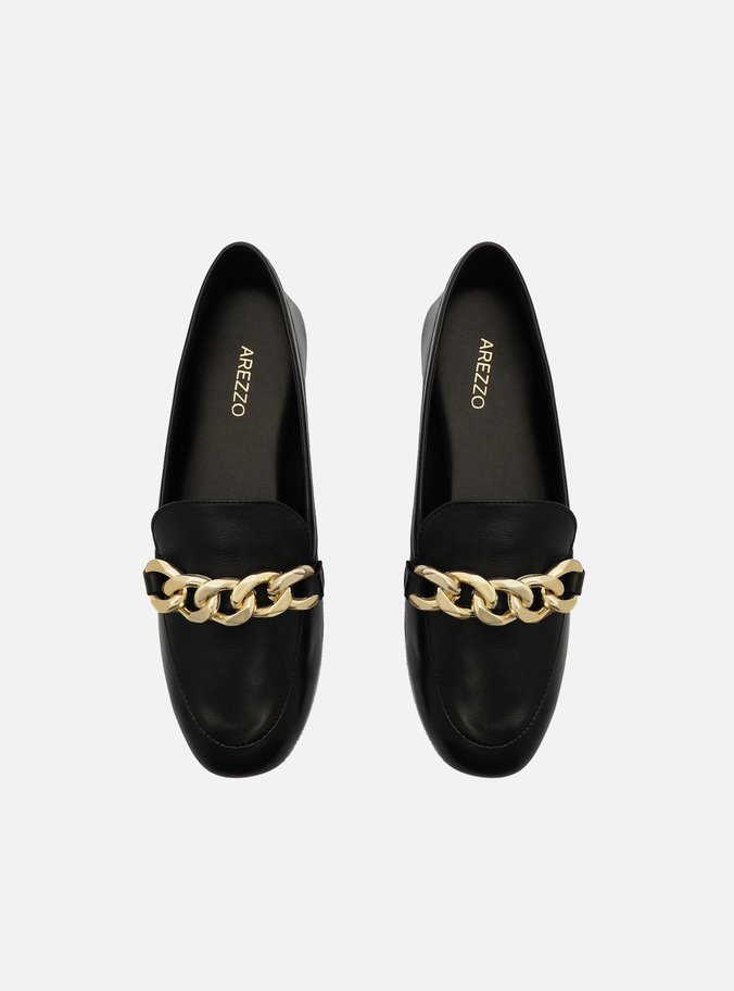 Mocassim Preto Couro Bico Redondo Corrente