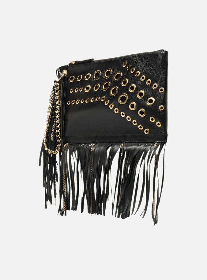 Clutch Preta Couro Média Franjas Ilhoses