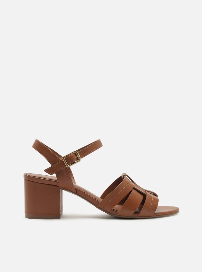 Sandália Marrom Couro Salto Médio Bloco Tressê