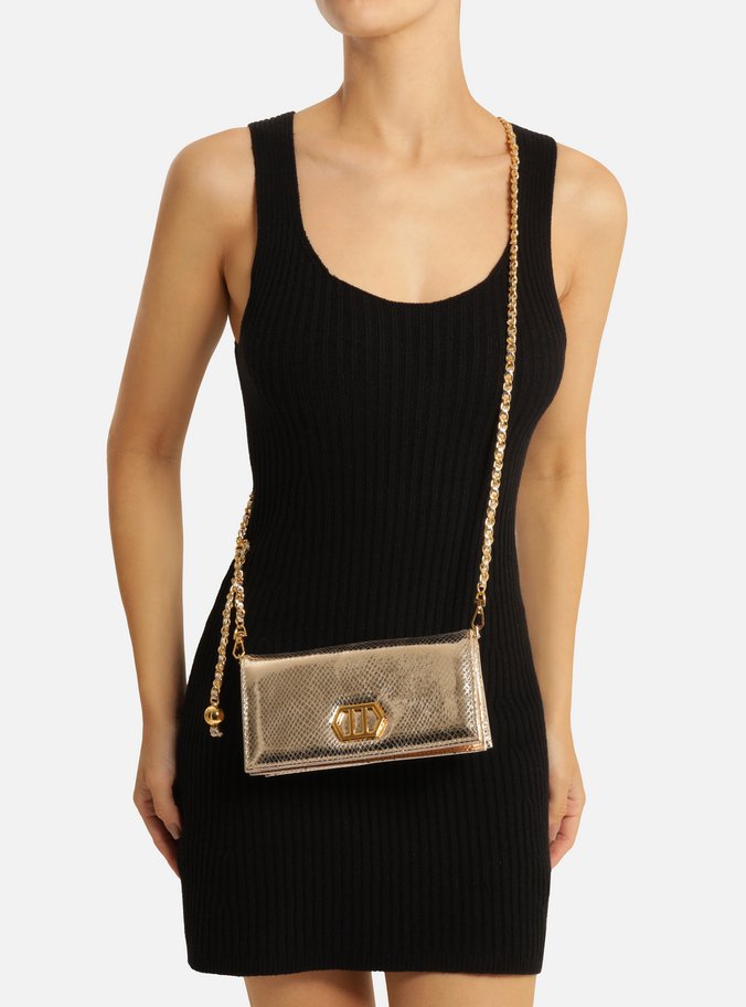Clutch Dourada Couro Snake Pequena Metal