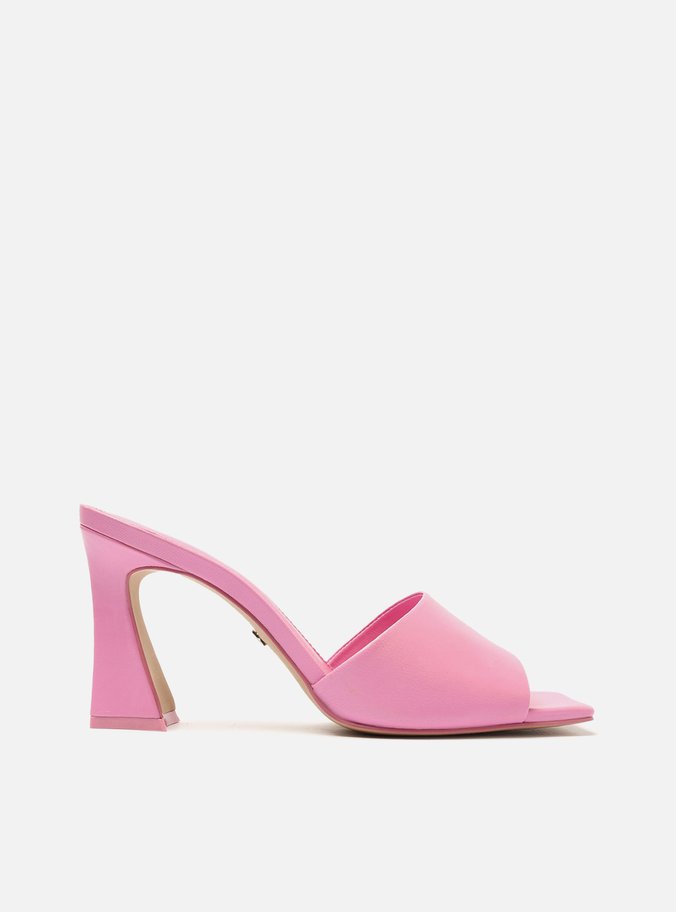 Sandália Mule Rosa Couro Salto Flare