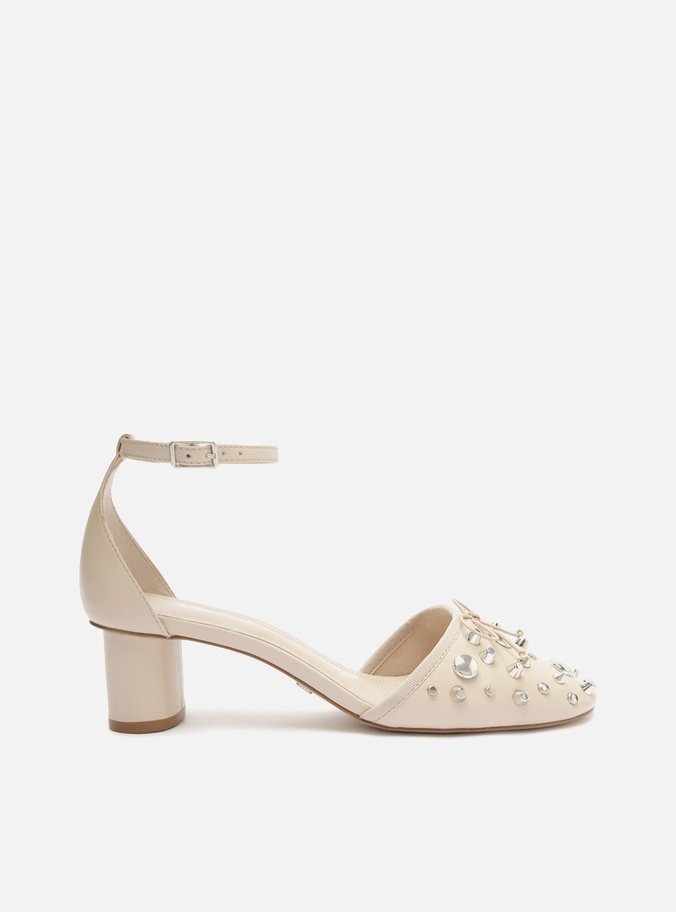 Scarpin Nude Couro Salto Bloco Aberto Tachas