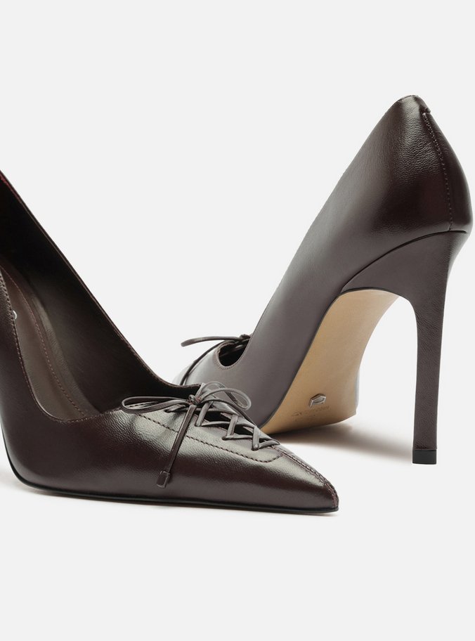 Scarpin Marrom Couro Salto Alto Fino Lacing