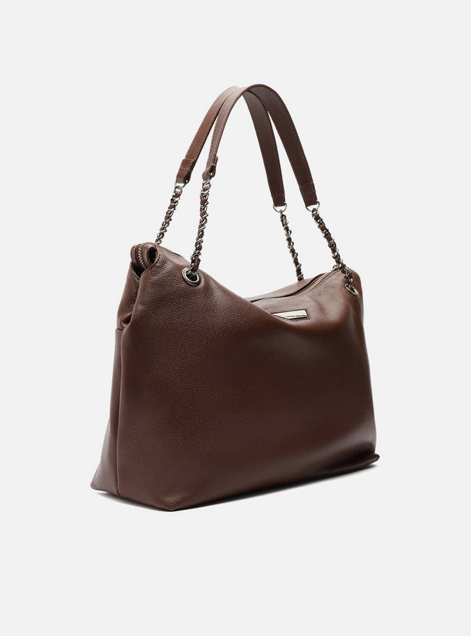 Bolsa Shopping Marrom Escura Couro Grande Metal