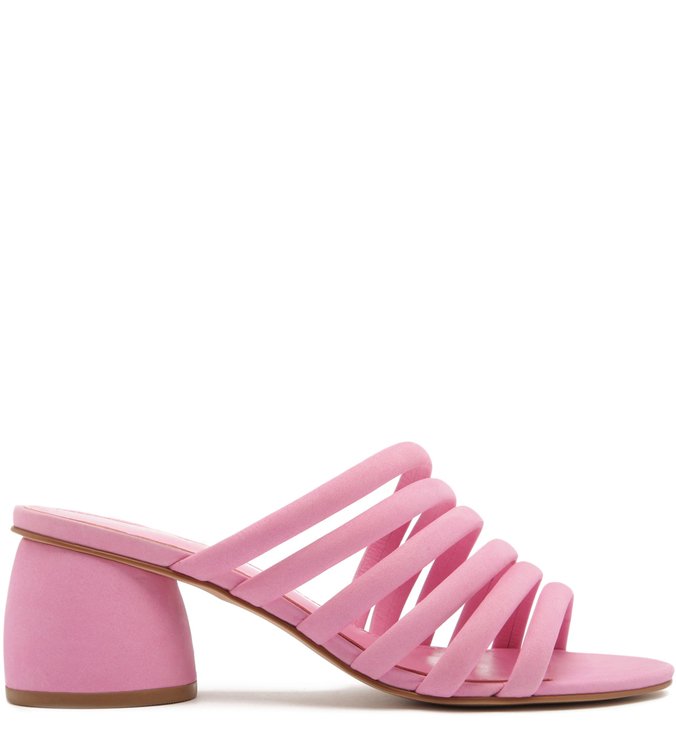 Sandália Nobuck Tiras Bombadas Salto Redondo Baby Pink