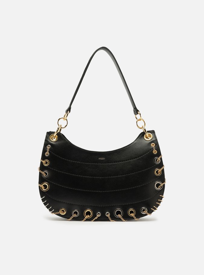 Bolsa Hobo Preta Couro Média Costuras Metais
