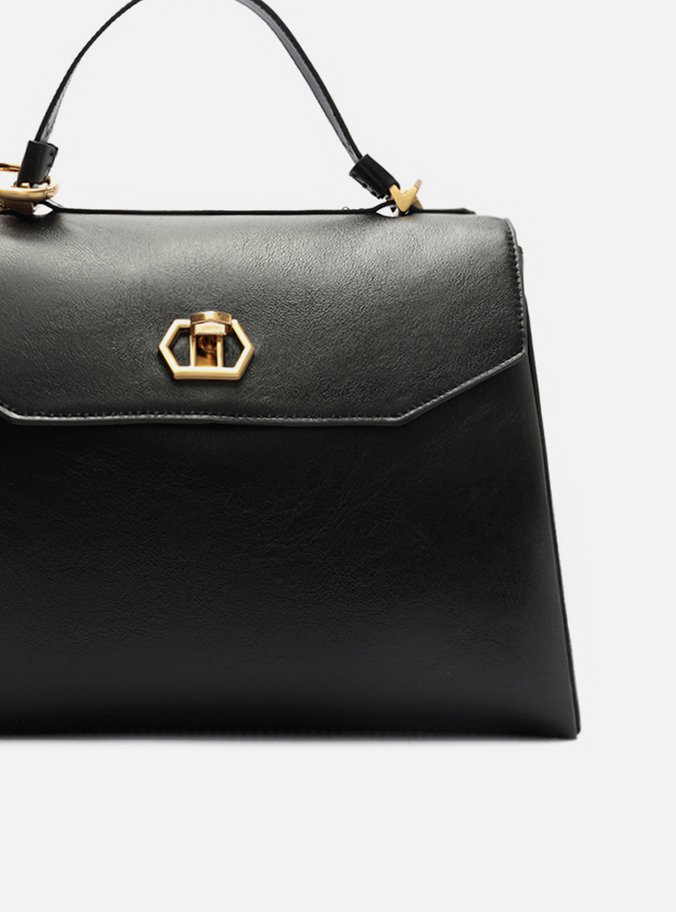 Bolsa Satchel Preta Couro Média Bag Charm Nó