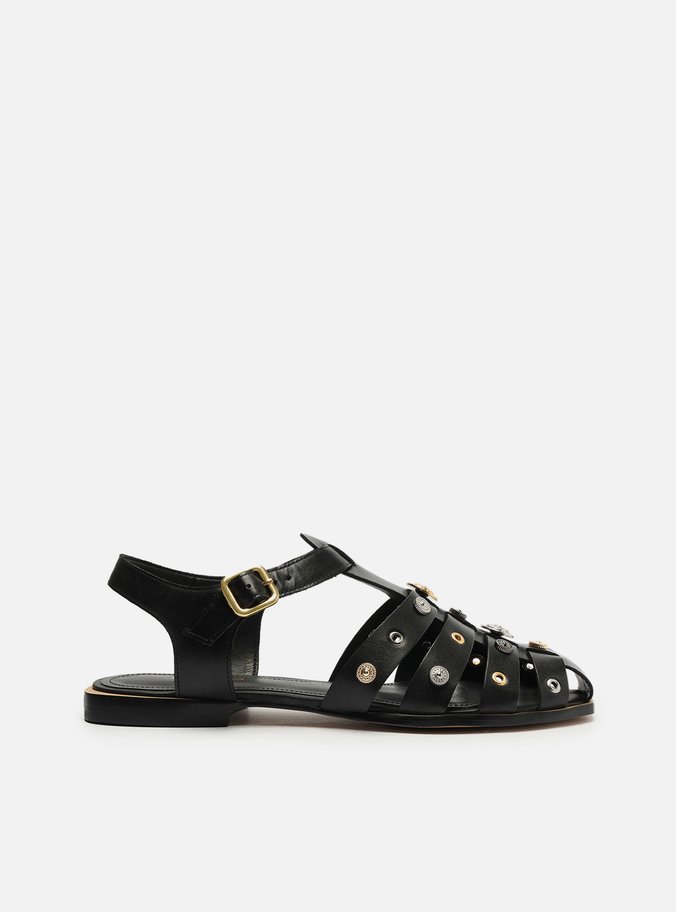 Sandália Rasteira Preta Couro Huarache Metal