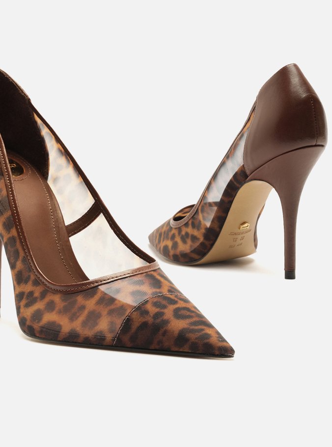 Scarpin Animal Print Tela Salto Fino Detalhe