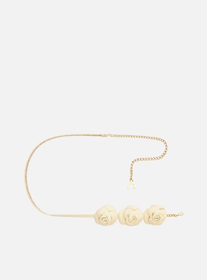 Cinto Branco Couro Fino Flores
