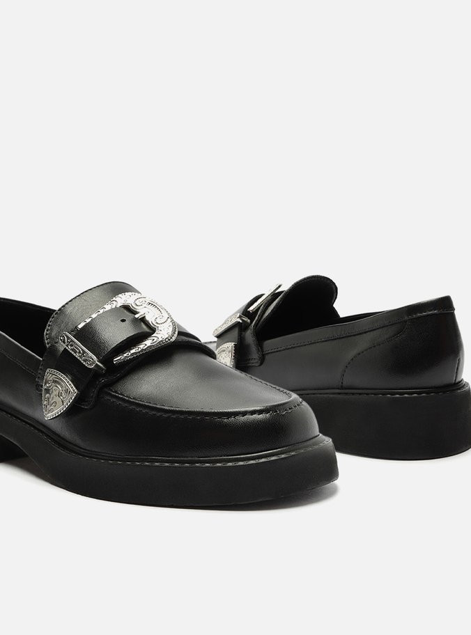 Mocassim Preto Couro Fivela Western