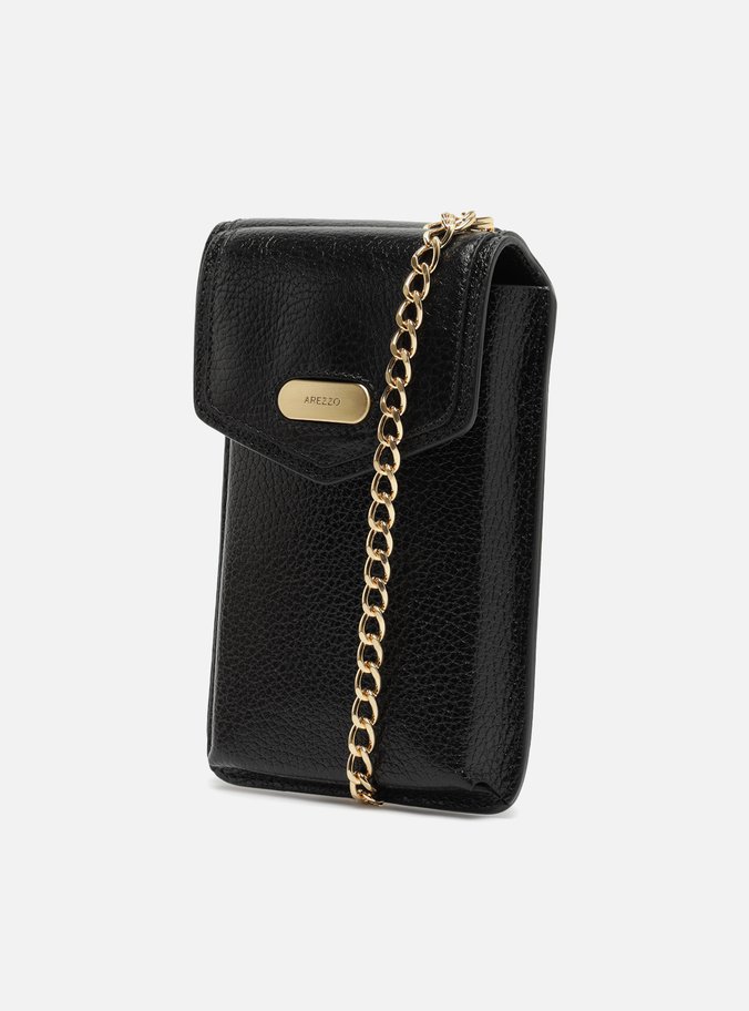 Mini Bag Preta Couro Porta-Celular Tag Metal