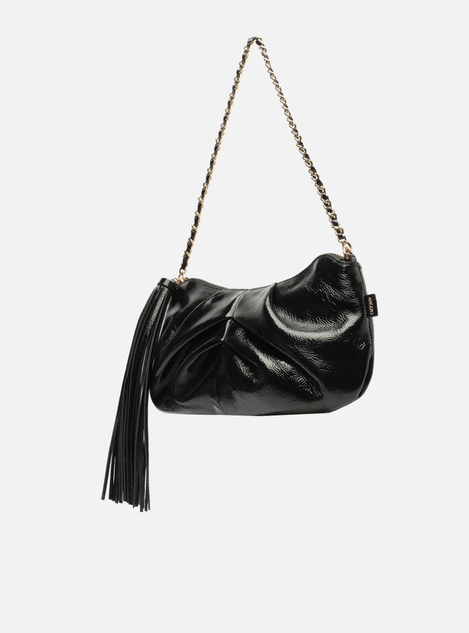 Bolsa Shoulder Preta Couro Grande Franzida