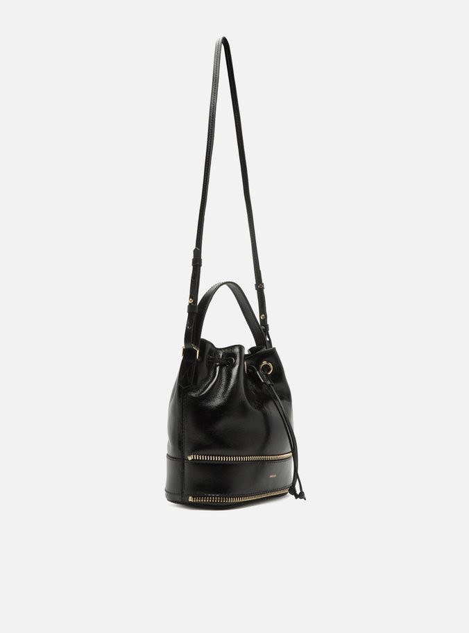 Bolsa Bucket Preta Couro Média Zíper